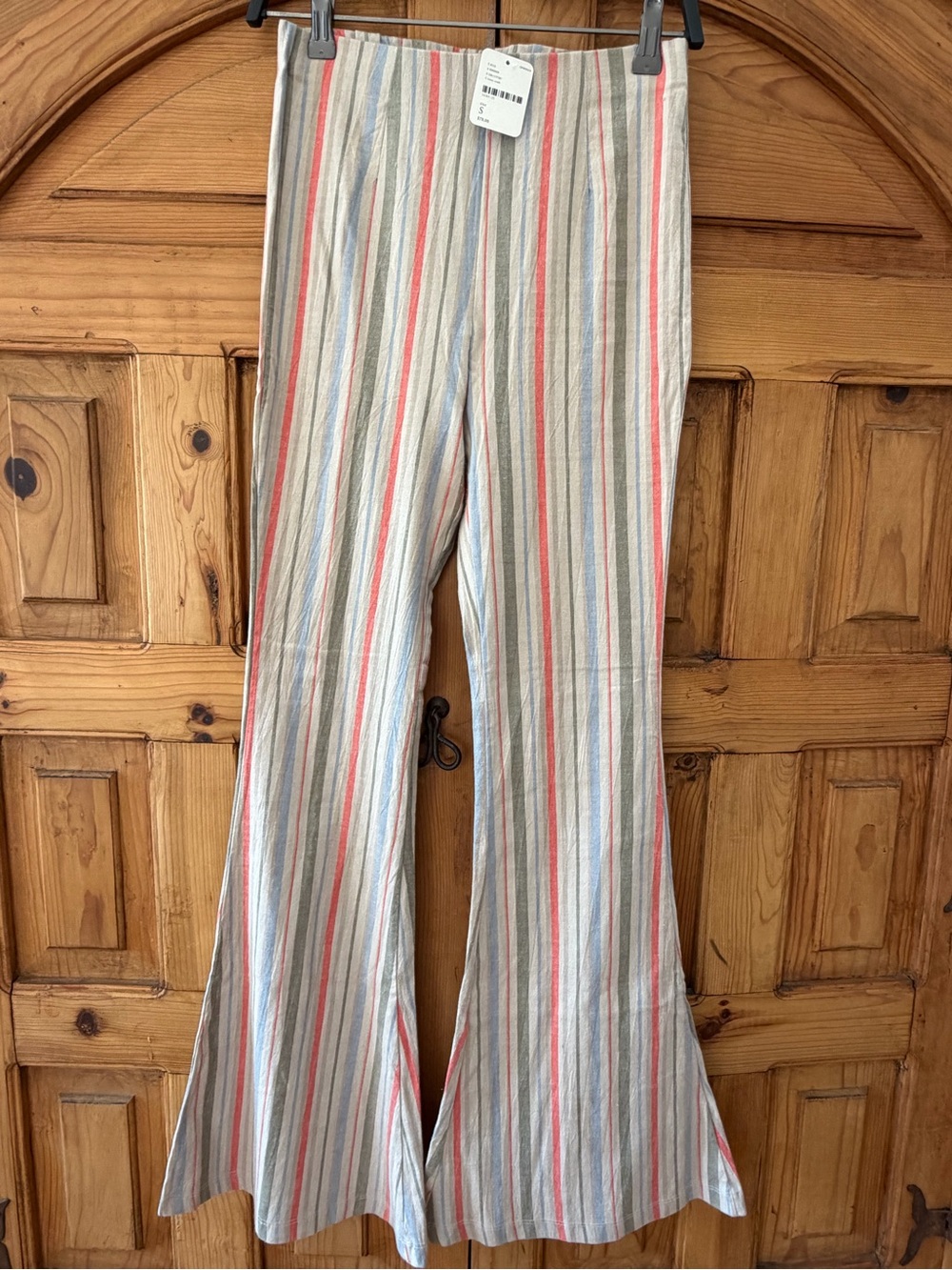 Free People Striped Flare Pants Neutral with Coral & Blue Stripes NWT size S